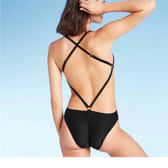 Shade & Shore Black Monokini One Piece with Plunging Neckline - Picture 2 of 6